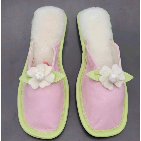 Vtg Amy Jo Gladstone Pink & Green Slide Slippers Size M Leather - Picture 6 of 9